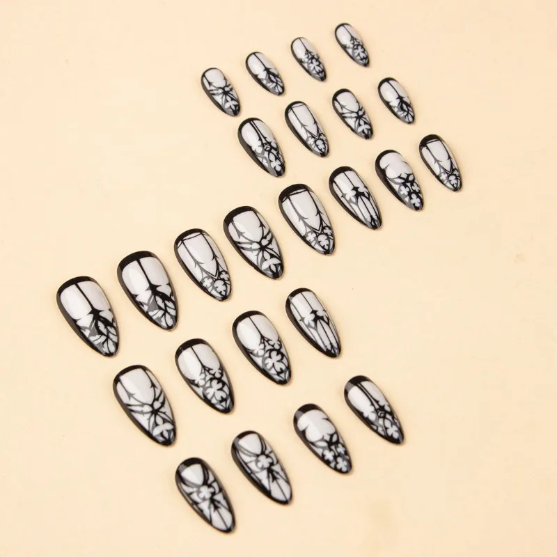 24 Pcs Acrylic Fake Press on Nails for Gluing Gothic Style Long Almond False Nails with Glue Black White Cheap Simple Nail Tips