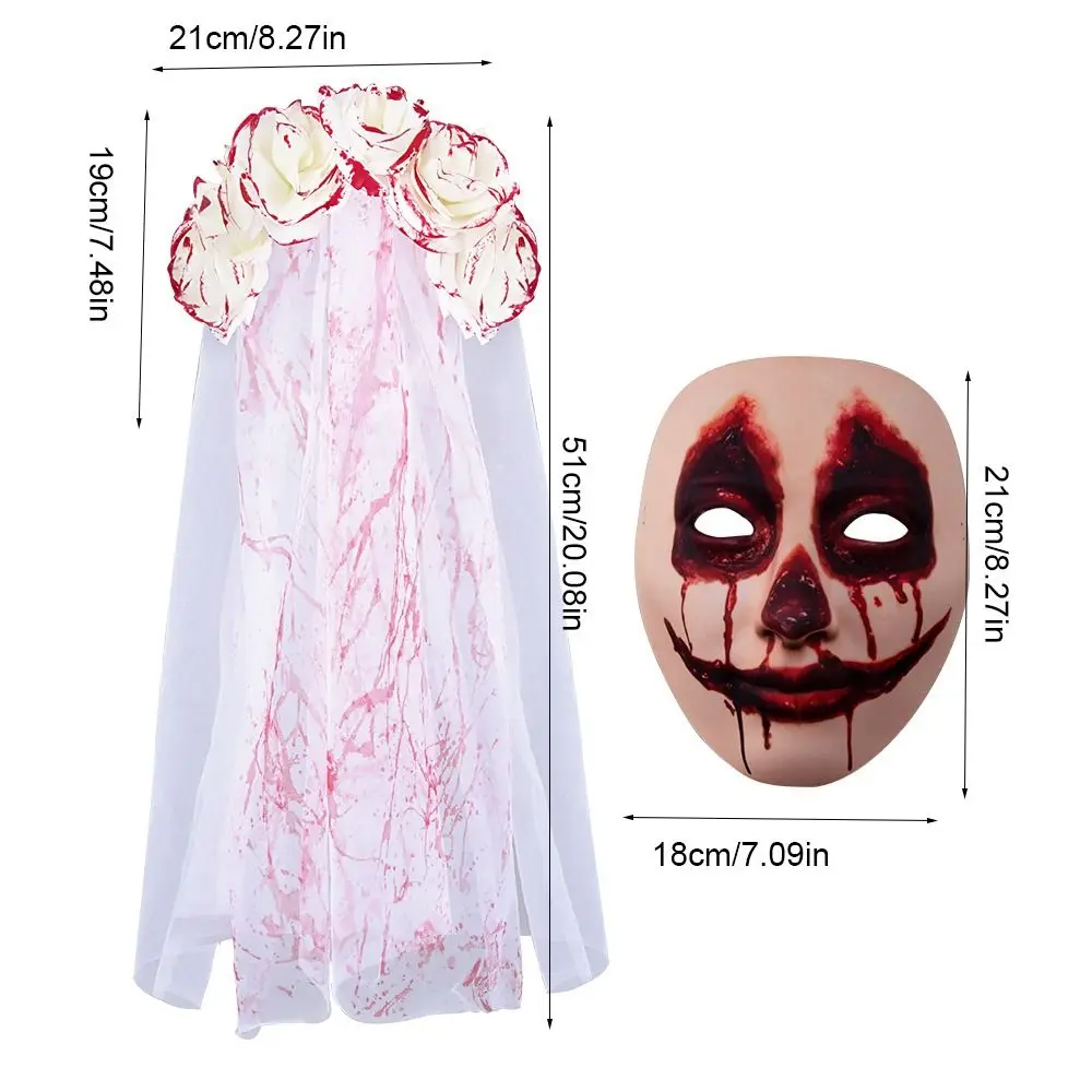 Rose Flower Halloween copricapo da sposa Mesh Blood Women Hair Hoop Costume Cosplay Ghost Bride Halloween Hairband Mask Set Girls