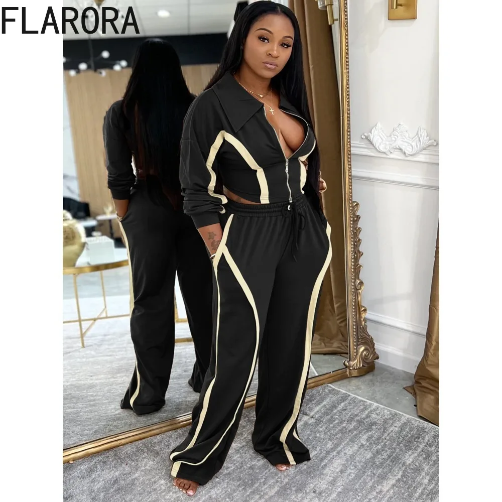 FLARORA Moda Stripe Patchwork 2 pezzi Set Donna Risvolto Manica lunga Zip Crop Giubbotti e Pantaloni con coulisse Abiti Tute da strada