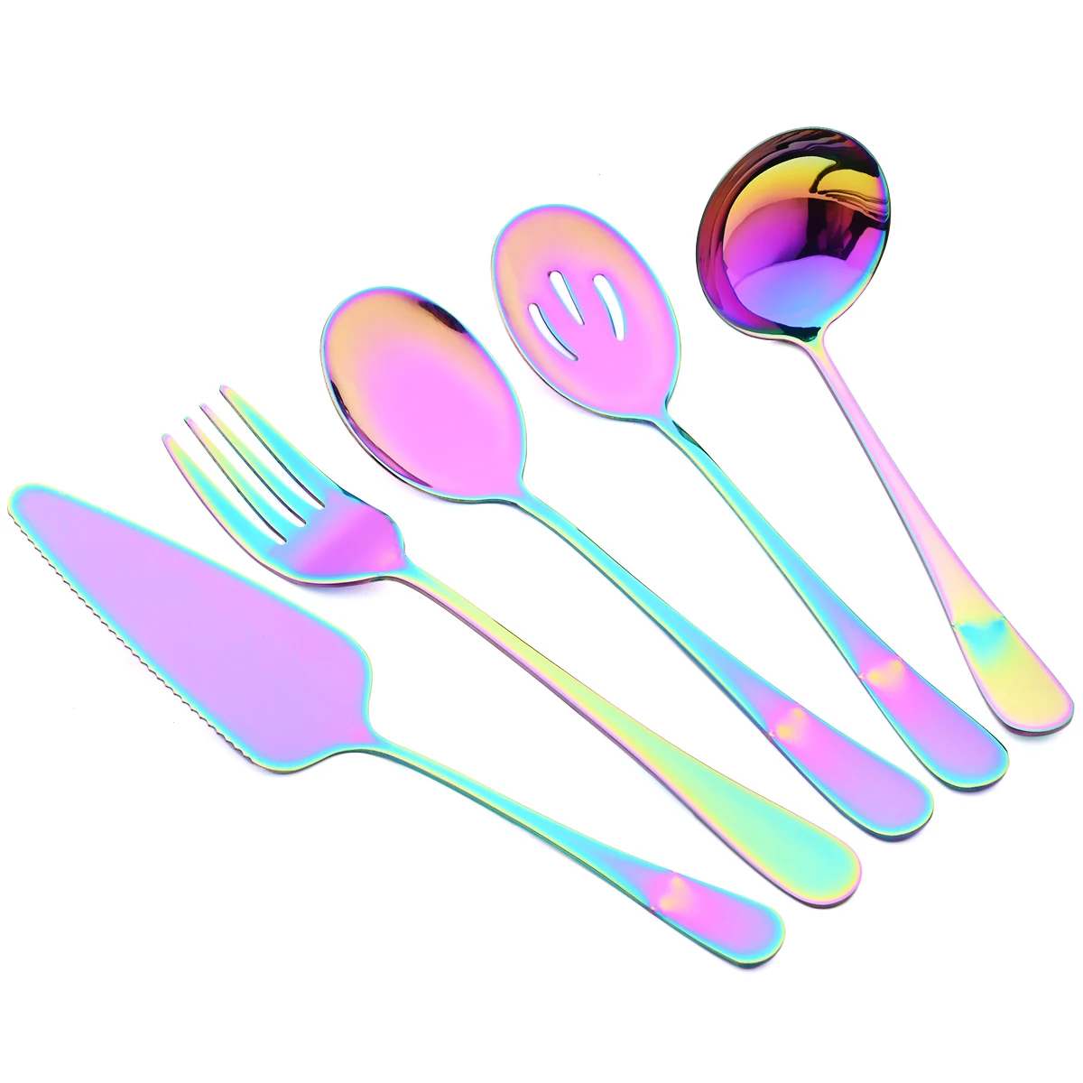 5Pcs Purple Dinnerware Set Stainless Steel Soup Spoon Colander Spoon Set Service Spoon Salad Fork Cake Spatula Kitchen Tableware
