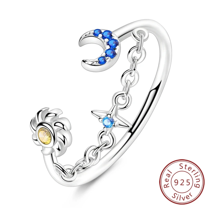 

Original 100% 925 Sterling Silver Sun, Moon & Star Long Chain Ring For Women Office Simple Jewelry Accessories