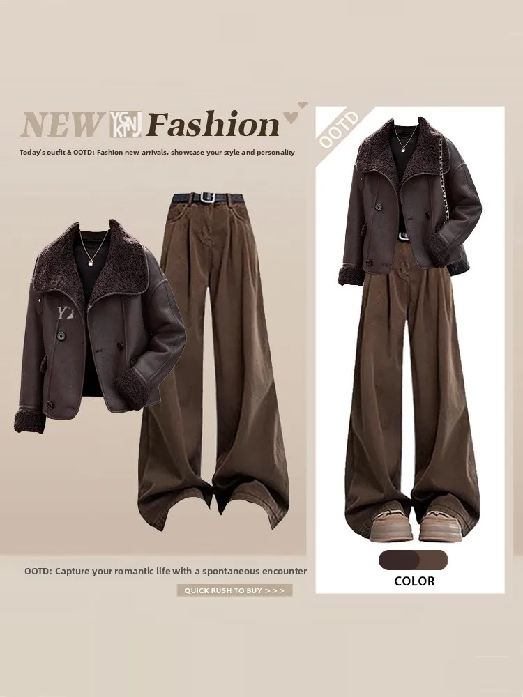 Warm Fluffy Oversized Winter Faion Set for Women High Waist Wide Leg Pants Comfortable Long Sve round Ne Cotton Coat