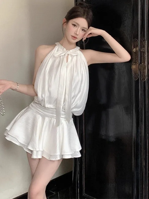 

Soft Style White Dress Hanging Neck Belted Skirt Short Dress Pure Desire High Waist Polyester Fiber Summer Season No Sleeve