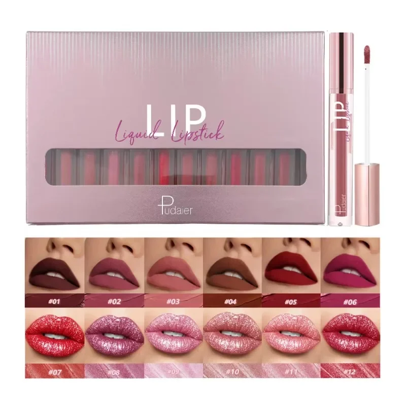 12pcs/set Liquid Lipstick Matte Lip Gloss Mix Color Velvet Waterproof Matt Lip Stick Set Long Lasting Kiss-Proof Lip Cosmetics