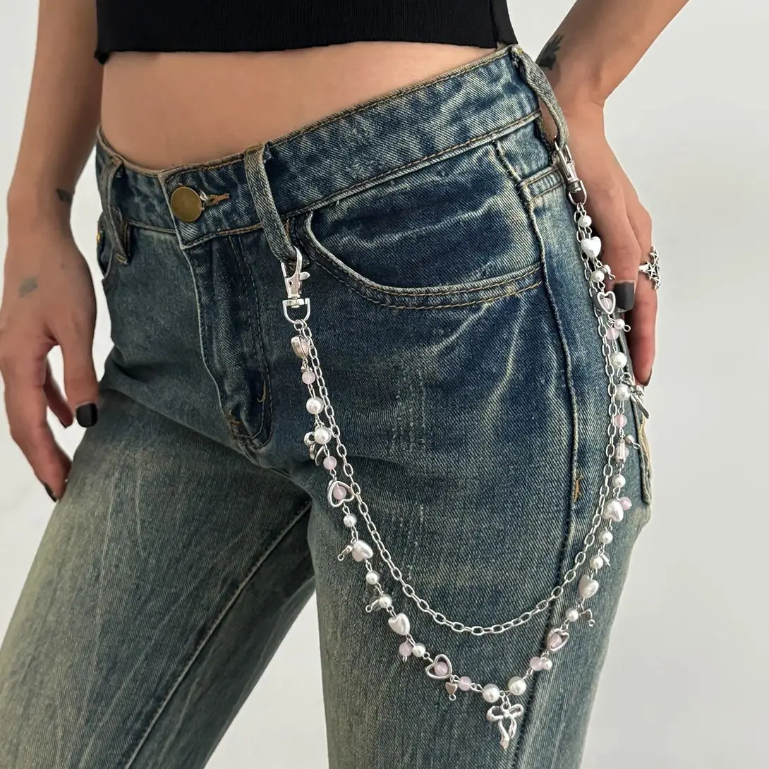 PuRui Trendy Exquisite Bowknot Liebe Herz Schlüsselbund Für Frauen Y2K Boho Imitation Perle Glas Perle Jeans Hosen Kette Täglichen Schmuck