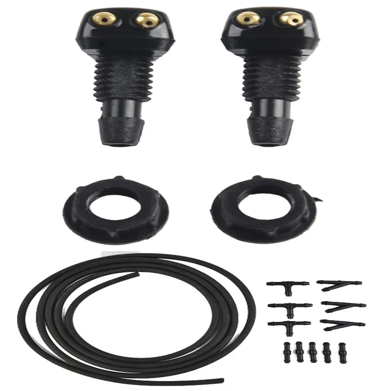 Car Windshield Wiper Washer Spray Nozzle And Hose + Connector Kit Fits Most Car Models Car Dual Holes Windshield Washer Nozzle