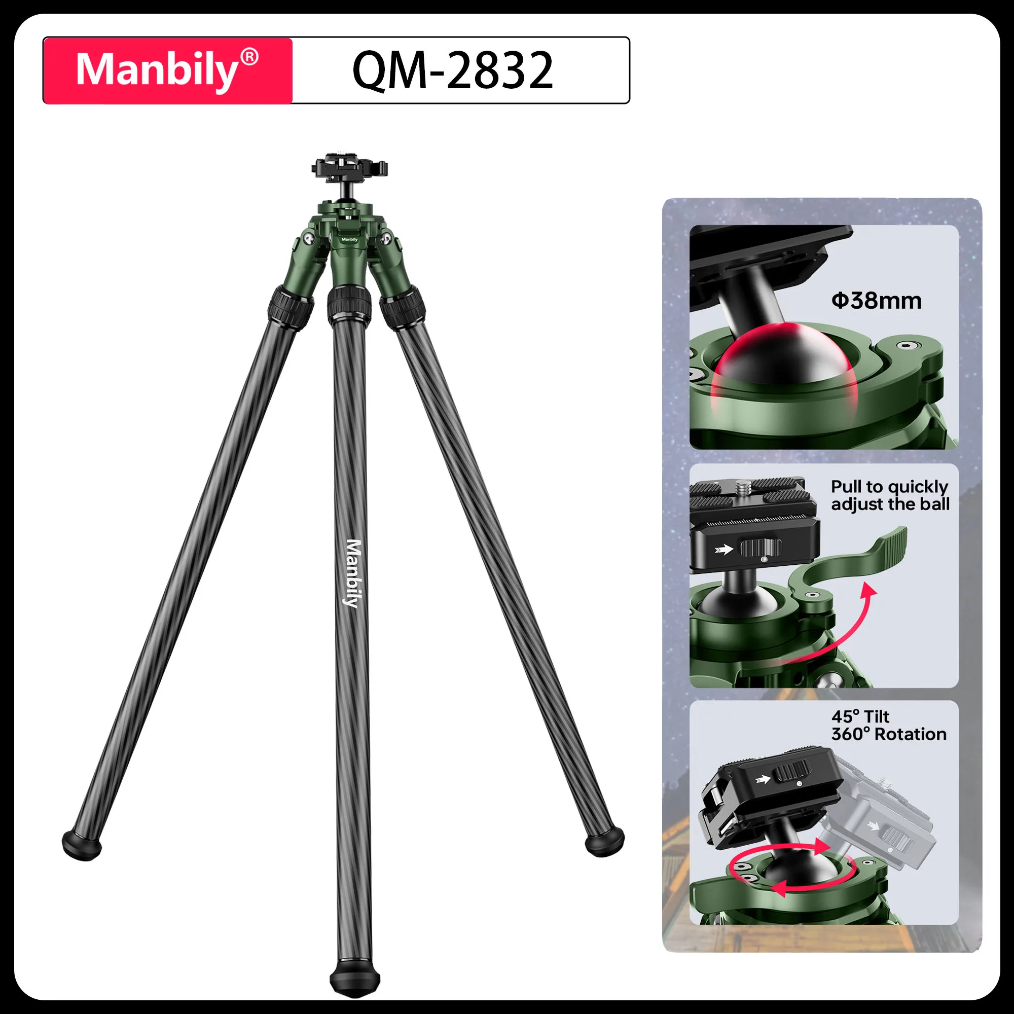 

Manbily 64.6inch Professional Carbon Fiber Hunting Tripods for Outdoor with Arca Swiss/Picatinny Adapters Max Load 44lbs QM-2832