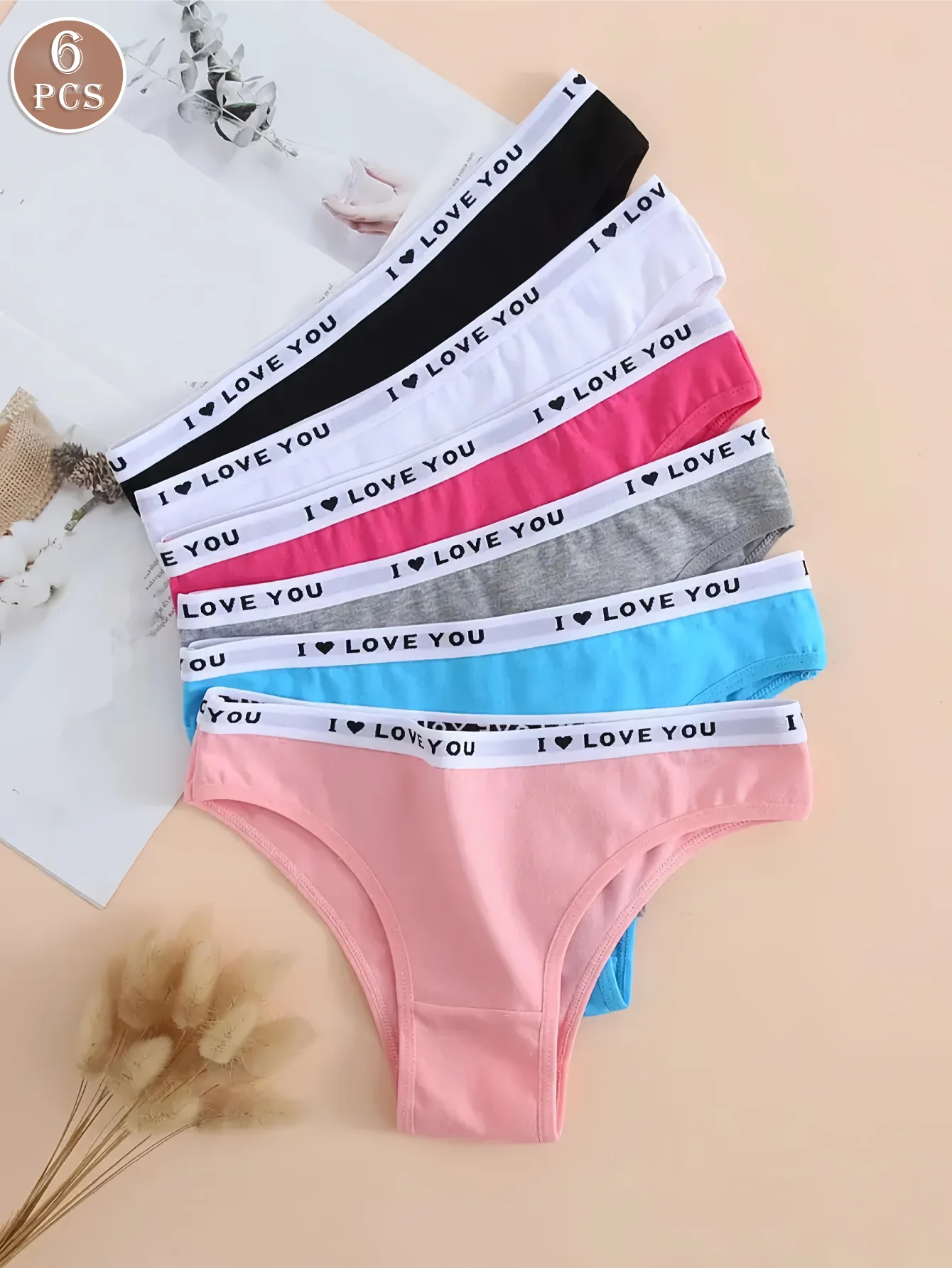 6PCS Women Letter Print Wide Waistband Cotton Bikini Panties Set, Solid Color Soft Breathable Mid Waist Daily Casual Briefs