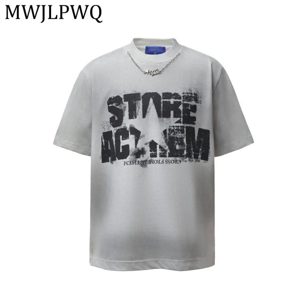 

MWJLPWQ Letter Chain Short-Sleeve T-Shirt Men's Casual Loose Fit Summer Ins Street Style Punk Spray-Dyed Distressed Tops 14135