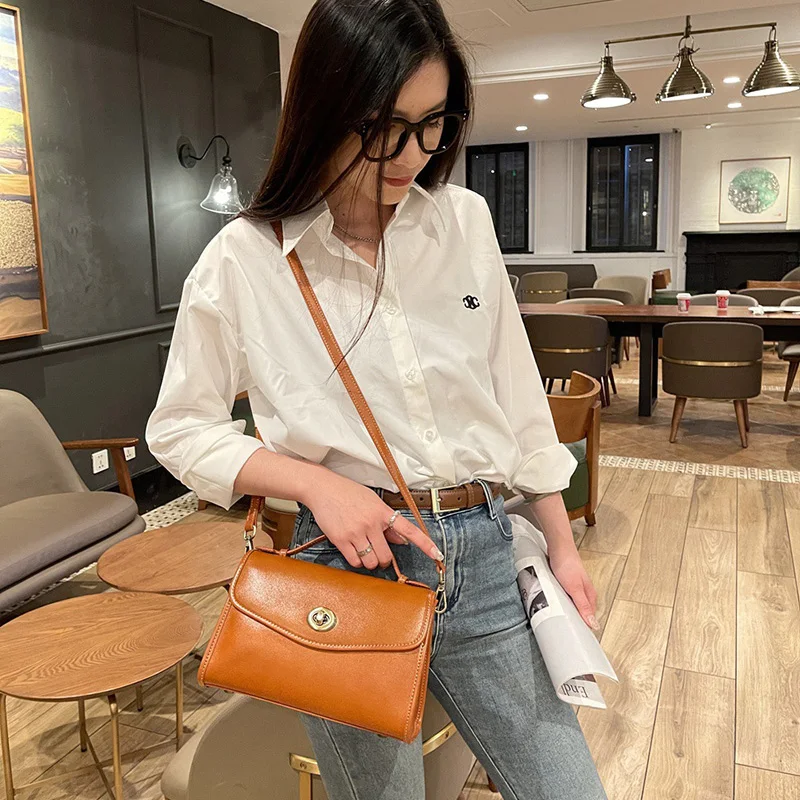 Women\'s Bag Real Leather Small Square Flap Messenger Lady Fashion Crossbody Shoulder Bag Female Retro Style Handbag