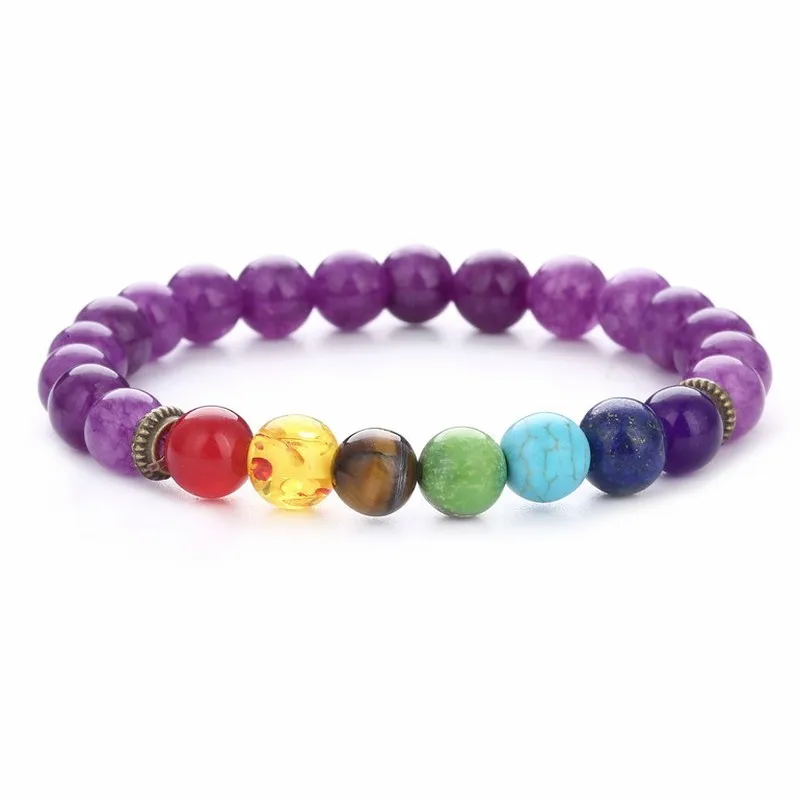 Yoga Seven Chakra Beaded Bracelet, Imitation Amethyst Tiger Eye Lapis Lazuli Stone Healing Jewelry for Women