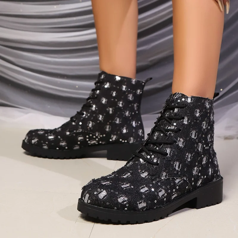 

European and American New Style Black Plaid Women's Shoes with Chain Thick Sole Waterproof Shoes Thick Sole Short Boots