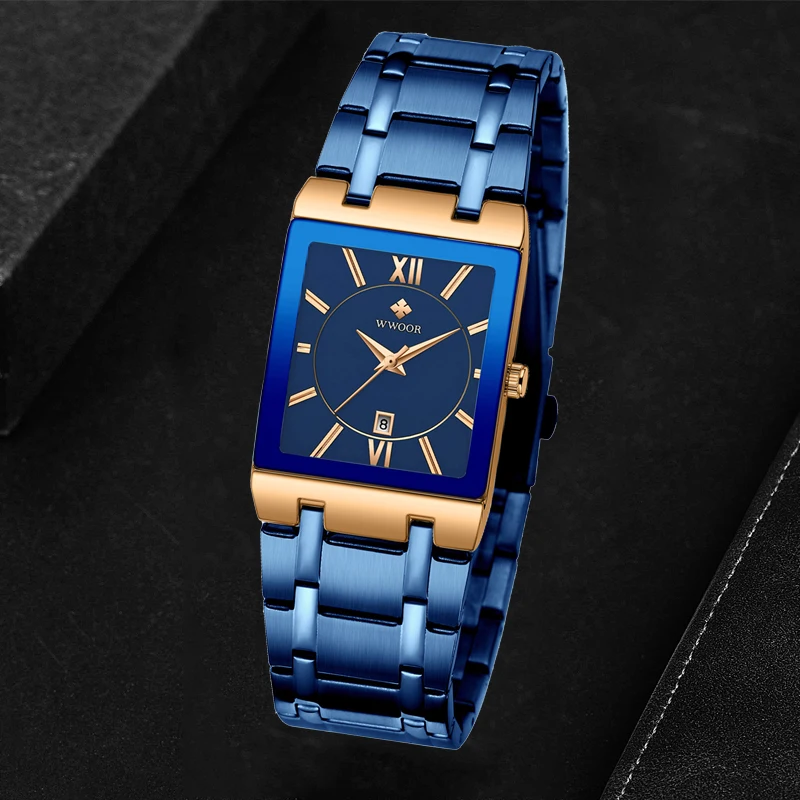 WWOOR Fashion Watches Men Top Luxury Square Blue Men\'s Wristwatch Stainless Steel Waterproof Quartz Clock Male Relogio Masculino