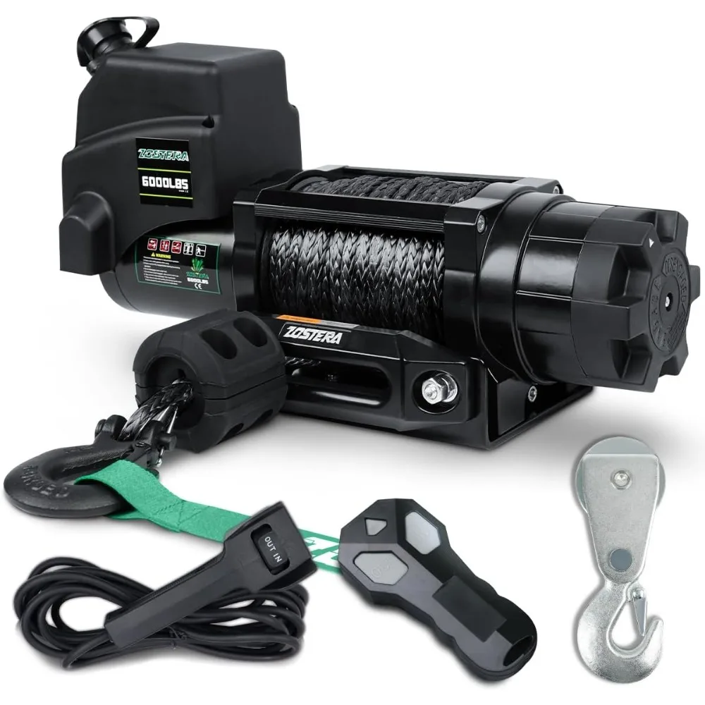 

Winch 6000lbs Boat Trailer Winch with Remote Synthetic Rope 1/4 in x 55 ft Hook Wireless Remote Handlebar Switch