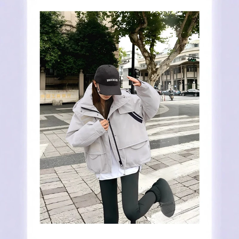 Women Winter New Loose Oceans Colorful Trendy Sweet Zipper Pocket Hooded Casual Warm Cotton Clothes Loose Simple Short Oceans