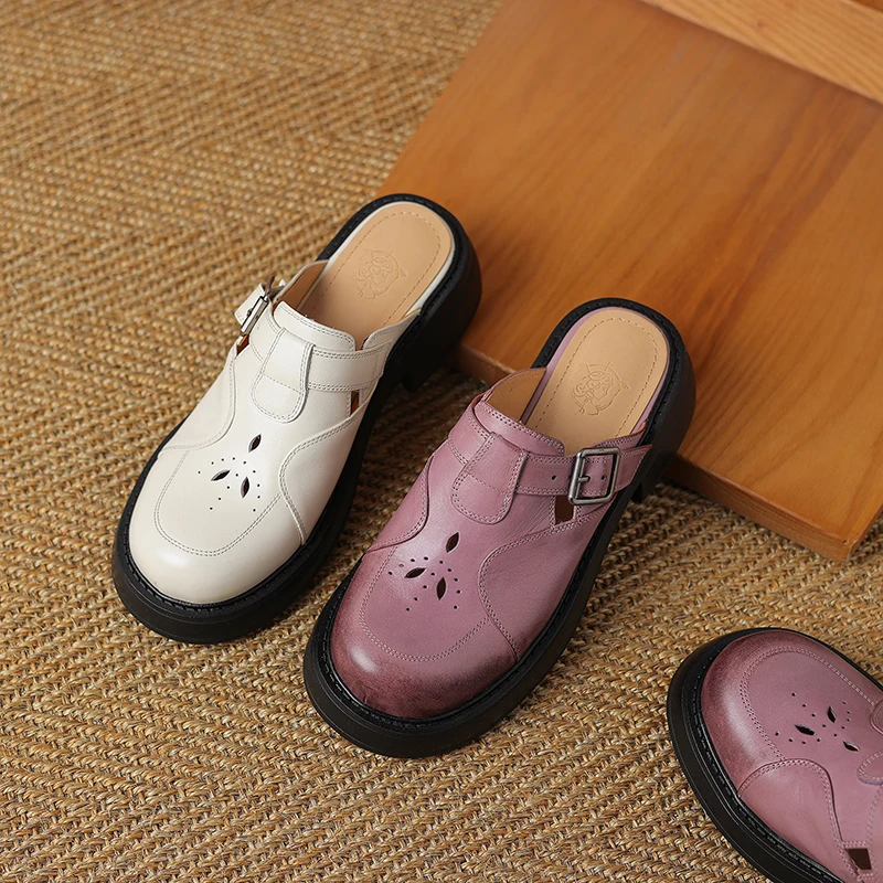 

Genuine Leather Women's Mules Round Toe High Heels Slippers Openwork Breathable Platform Women Shoes Beach Sandalias