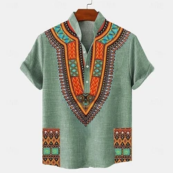 Men's Tops Pullover Linen Men's Tribal Totem Short Sleeve Shirt Half Cardigan Button Stand Collar New Shirt Linen Men's Tops