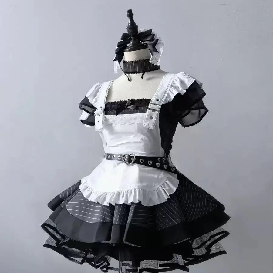 

Vintage Elegant Maid Cosplay Dress Japanese Y2K Subculture Short Sleeve Mesh Dress White Apron Black Dress Gown Vestidos Set
