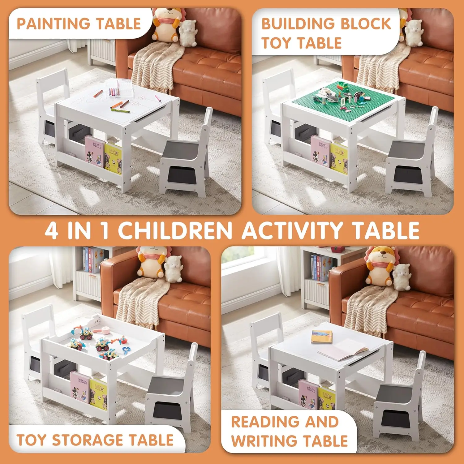 en stoelenset, 3-in-1 houten activiteitentafel met boekenplanken en opberglade, 2-in-1 afneembare tafelbladconstructie P