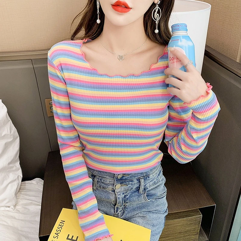 Czysta bawełna damska koszulka koreański, z długimi rękawami tęczowy pasek graficzny Casual trójnik żeński topy harajuku panie slim Kawaii t-shirty