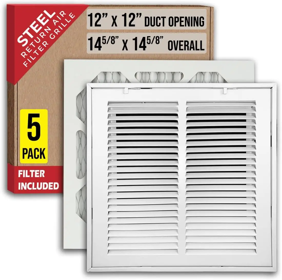 

5 Pack 12x12 Return Air Filter Grille with Removable Door, White, 14 5/8" x 14 5/8" Outer