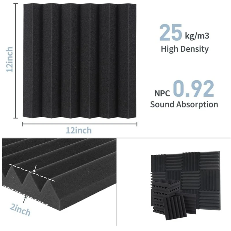 12 PCS Acoustic Foam Panels Black 12X12x2inch High Density Foam Fire Resistant Foam