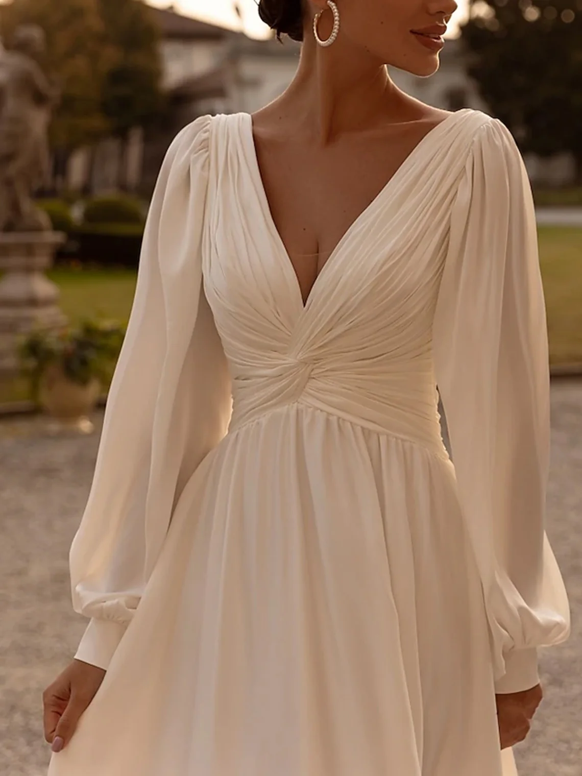 

Casual Wedding Dress A-Line V Neck Long Sleeve Chiffon Bridal Gown Bow Knot Court Train Evening Dress 2025 free customized