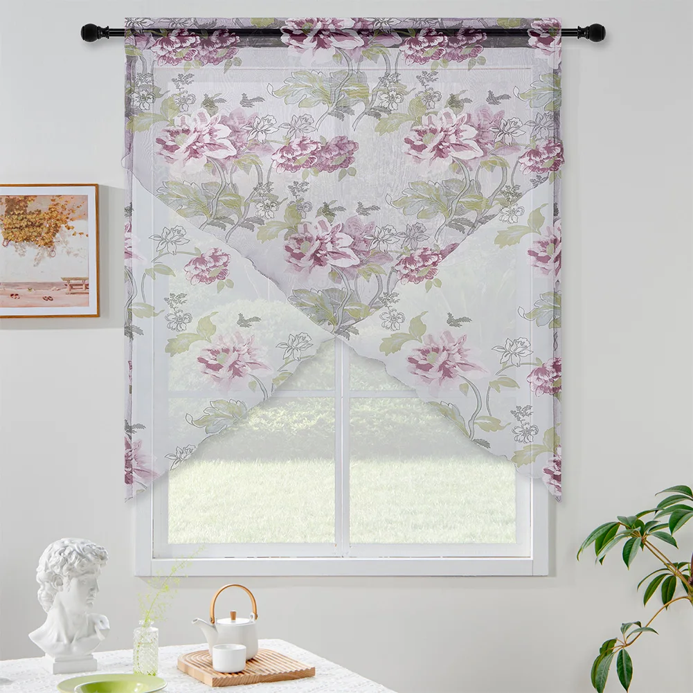 LEEJOOM Rod Pocket Curtain Window Valance Tulle Sheer Printed Purple Flower for Bedroom Kitchen Home Decor 1PC