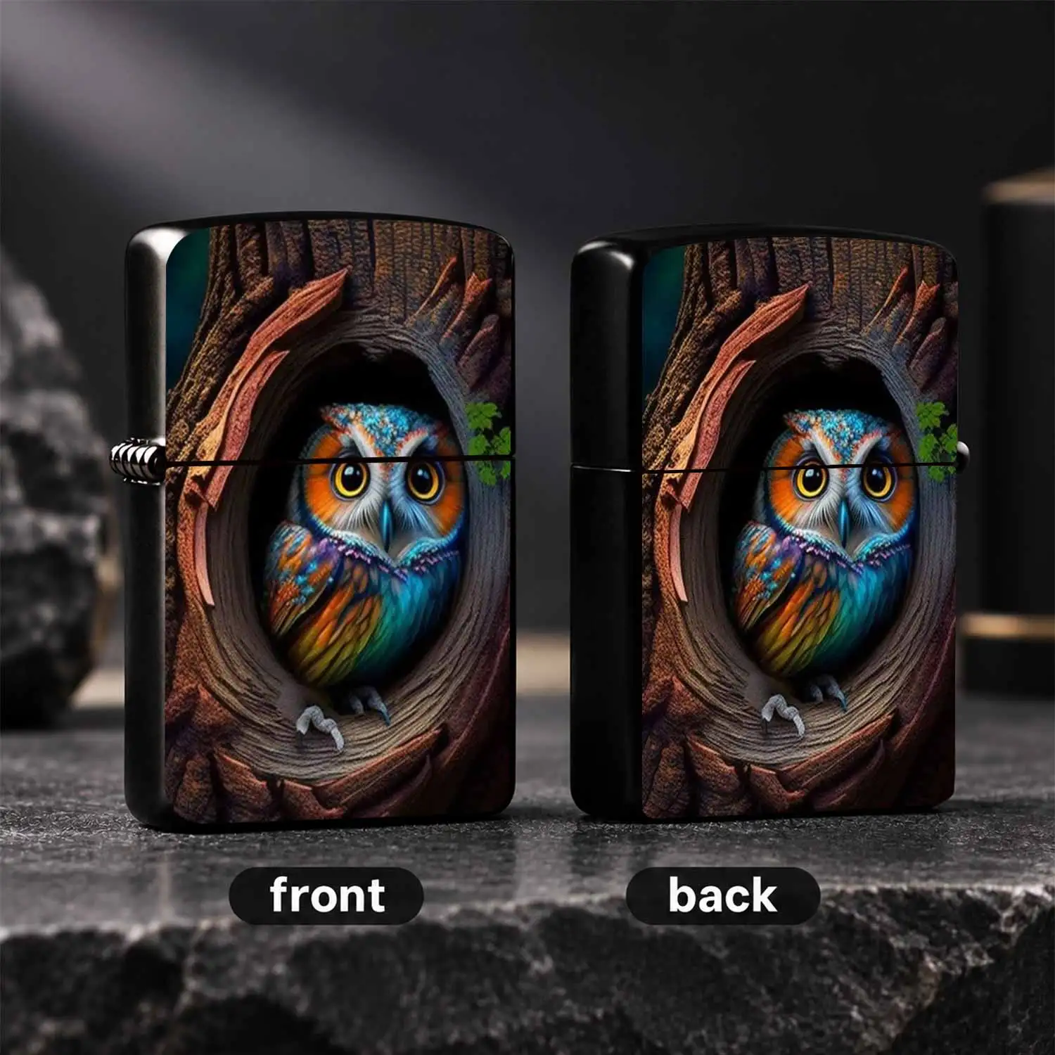 Vibrant Owl Tree Hollow Pattern Pocket Lighter, Exquisite Artistic Creative Portable Ignition Device, Unique Decorative Practical Accessory For Camping Travel Daily Use, Thoughtful Distinctive Gift For Friends Family An A Humorous And Inter