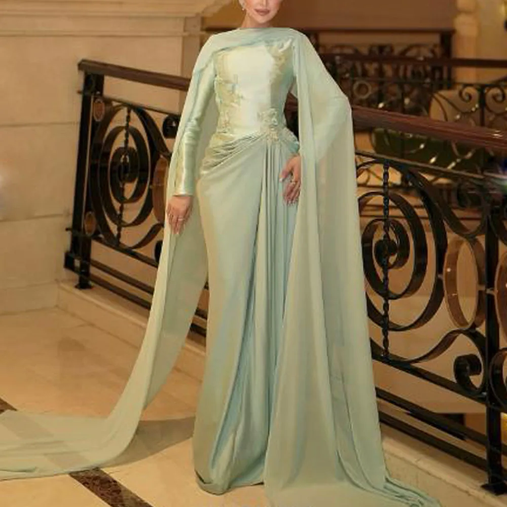 

Customized Elegant Abiye Dress With Shawl Draped Mermaid Muslin Evening Dresses with Cape 3D Flower Islamic Formal Gown