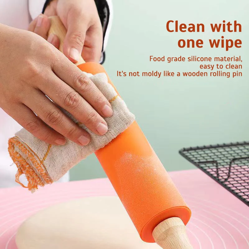 Non-Stick Silicone Rolling Pin Wooden Handle Pastry Dough Flour Roller Kitchen Cooking Baking Tool For Pasta Cookie Dough