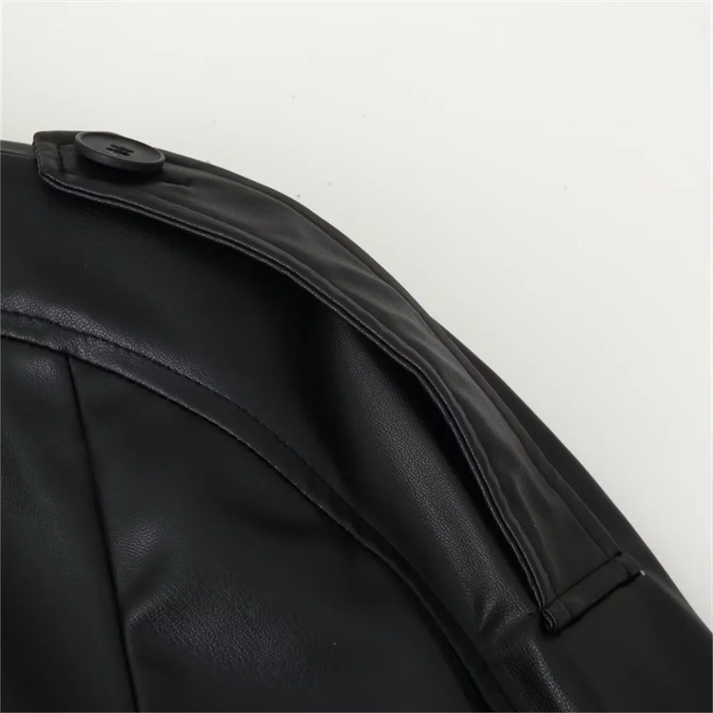 レディースファッション カジュアル ラペル 長袖 ベルト飾り シングルブレスト フェイクレザー ショート丈 ウィンドブレーカー