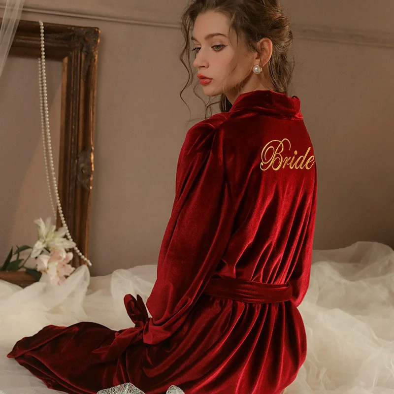 

Velour Embroidery Bride Bridesmaid Wedding Robe Long Kimono Bathrobe Gown Nightdress Autumn Winter Sleepwear Loose Home Wear