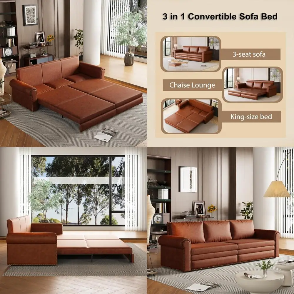 

king size 93.7" pull-out sofa bed with pillows, 3-in-1 convertible sleeper couch with nail trim, pu leather 3-seater sofa bed
