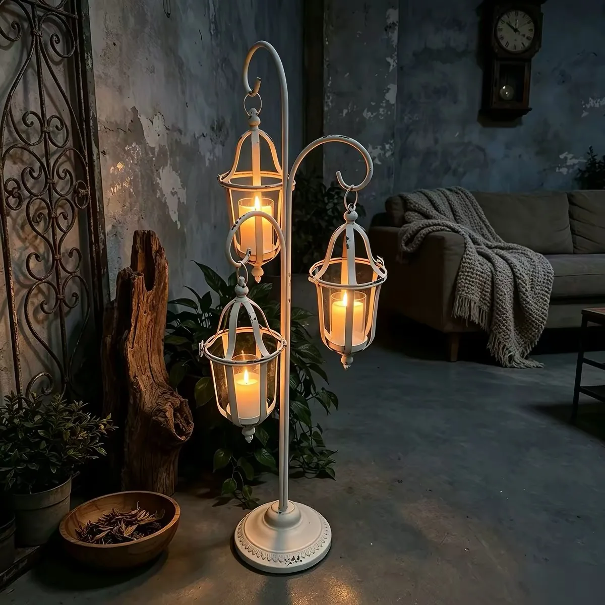 Vintage White 3 Lantern Candle Holder Stand, Distressed Iron with Glass Cups, French Country Floor Decor for Home Wedding, 88cm