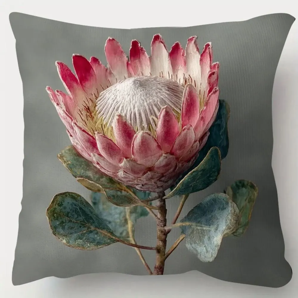Pink White Protea Flower Cushion Cover Double Sided Plush Pillowcase Hidden Zipper Machine Washable Sofa Bed Chair Decor