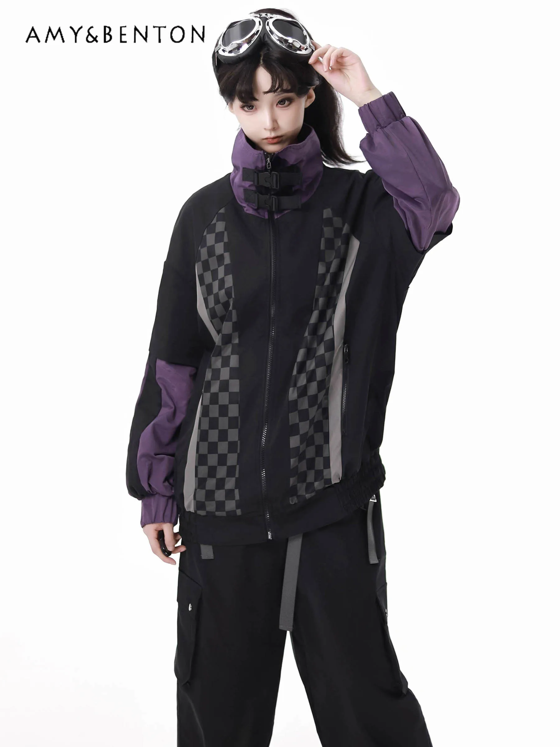 Sweet Cool Hot Girl Purple and Black Plaid Splicing Jacket Casual Pants Two-piece Set Autumn Winter New Subculture Y2K Outfits