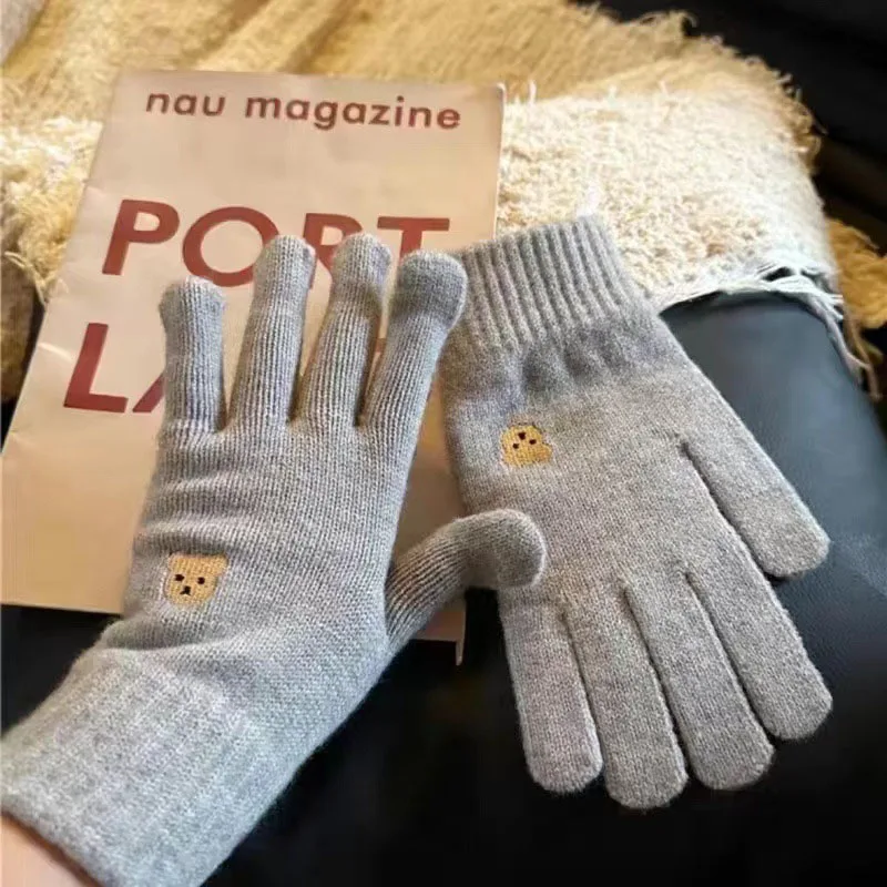 Vollfinger-Handschuhe für den Außenbereich, winddicht, niedlicher Bär, gestrickte Handschuhe, süße Touchscreen-Fäustlinge, einfarbig, Winter, warme Damenhandschuhe