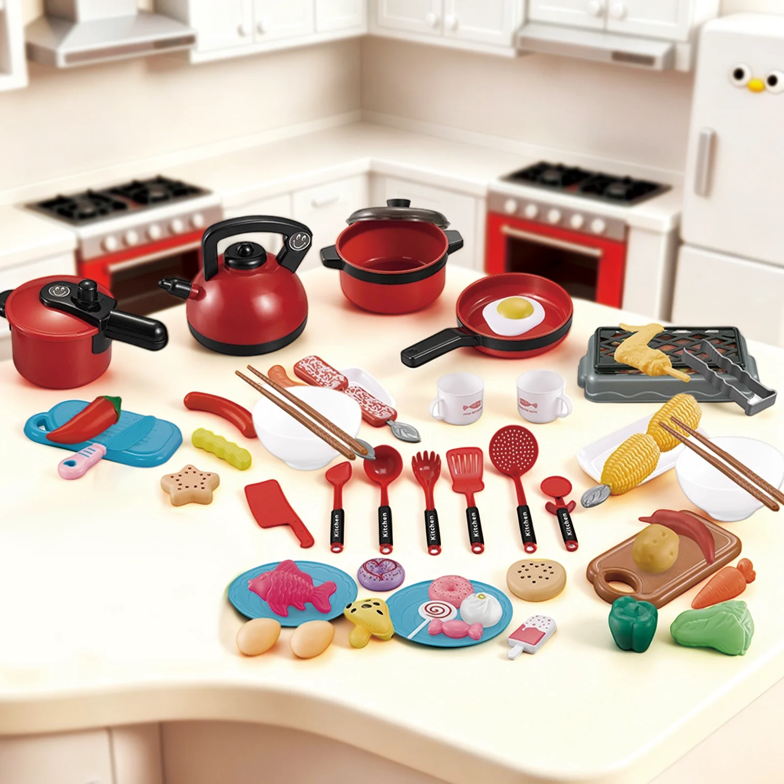 Mini Kids Kitchen Toys Set Pretend Play Cooking Pots Pans Utensils with Play Food Educational Gift for Toddler Boys Girls 3+