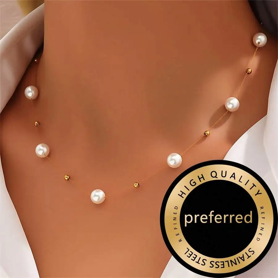 

European & American Minimal Faux Pearl Metal Ball Collarbone Necklace, Ins Beaded Women Jewelry For Daily Matching