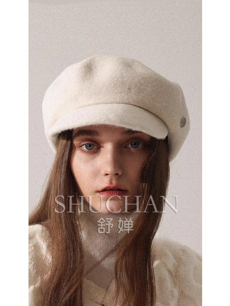

Pure wool beret British style white with brim newsboy hat thousand gold painter hat cloud hat autumn and winter woman