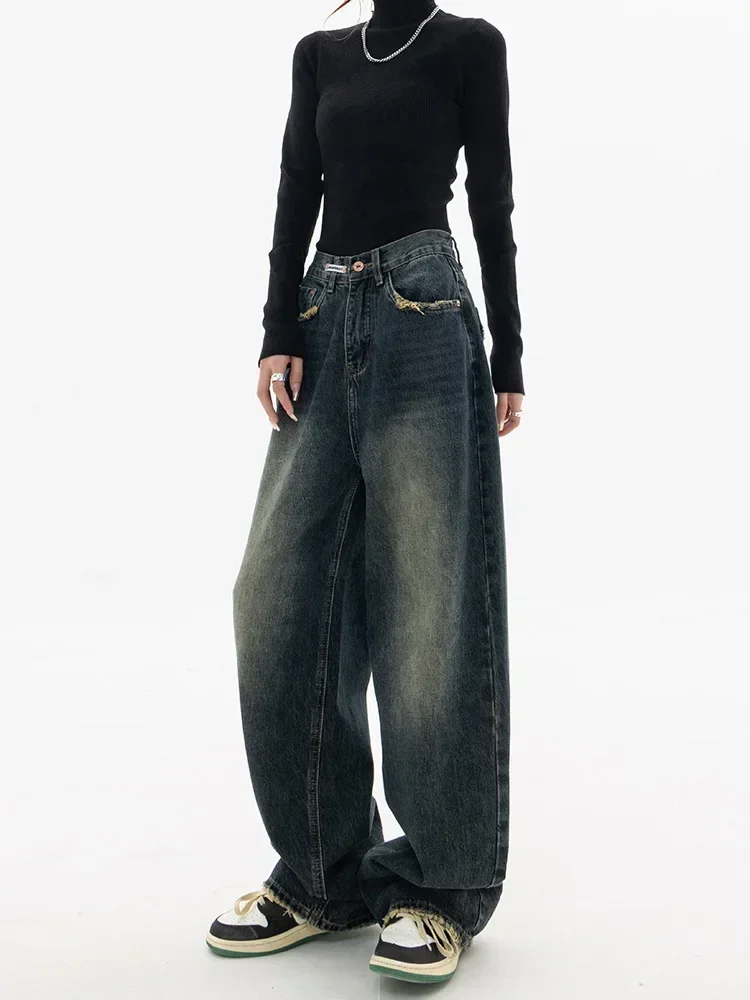 Women Vintage Streetwear Korean Baggy Cargo Jeans High Waist Straight Wide Leg Pants Denim Trousers Fairy Grunge Alt Clothes