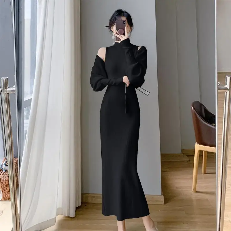 

Women's Vintage Elegant Slim Knitted Suit Long Dress Solid Shawl Cardigan Coat Black White Autumn Sweater Two Piece Set Ladies