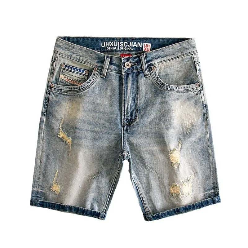 Summer Fashion Men Jeans High Quality Retro Washed Blue Stretch Slim Fit Ripped Short Jeans Vintage Designer Denim Shorts Men
