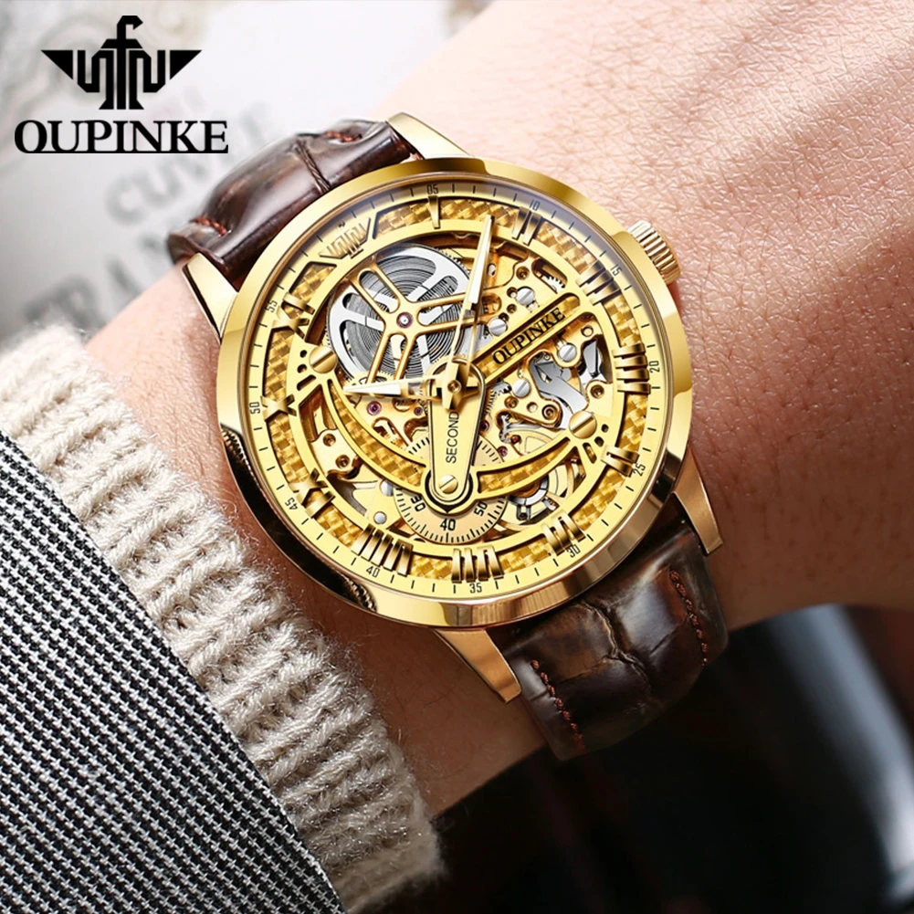 Часы OUPINKE Мужские механические, роскошные брендовые золотистые полностью автоматические водонепроницаемые светящиеся оригинальные