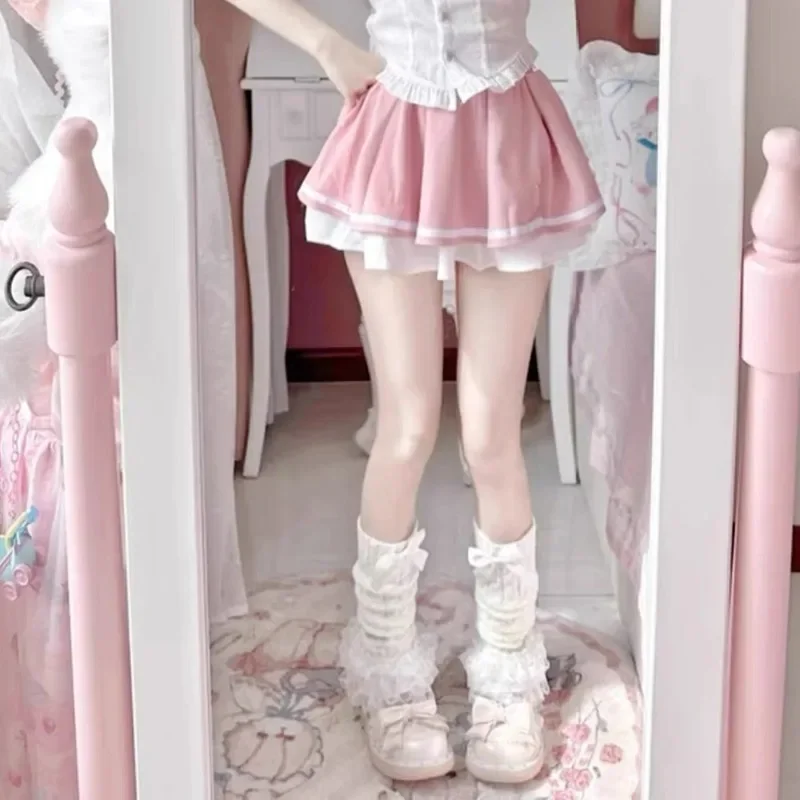 1pair Japanese Winter Warm Socks Lolita Lace Warm Leg Knitted Socks Knitted Foot Covers Leg Warmers with Bow for Women