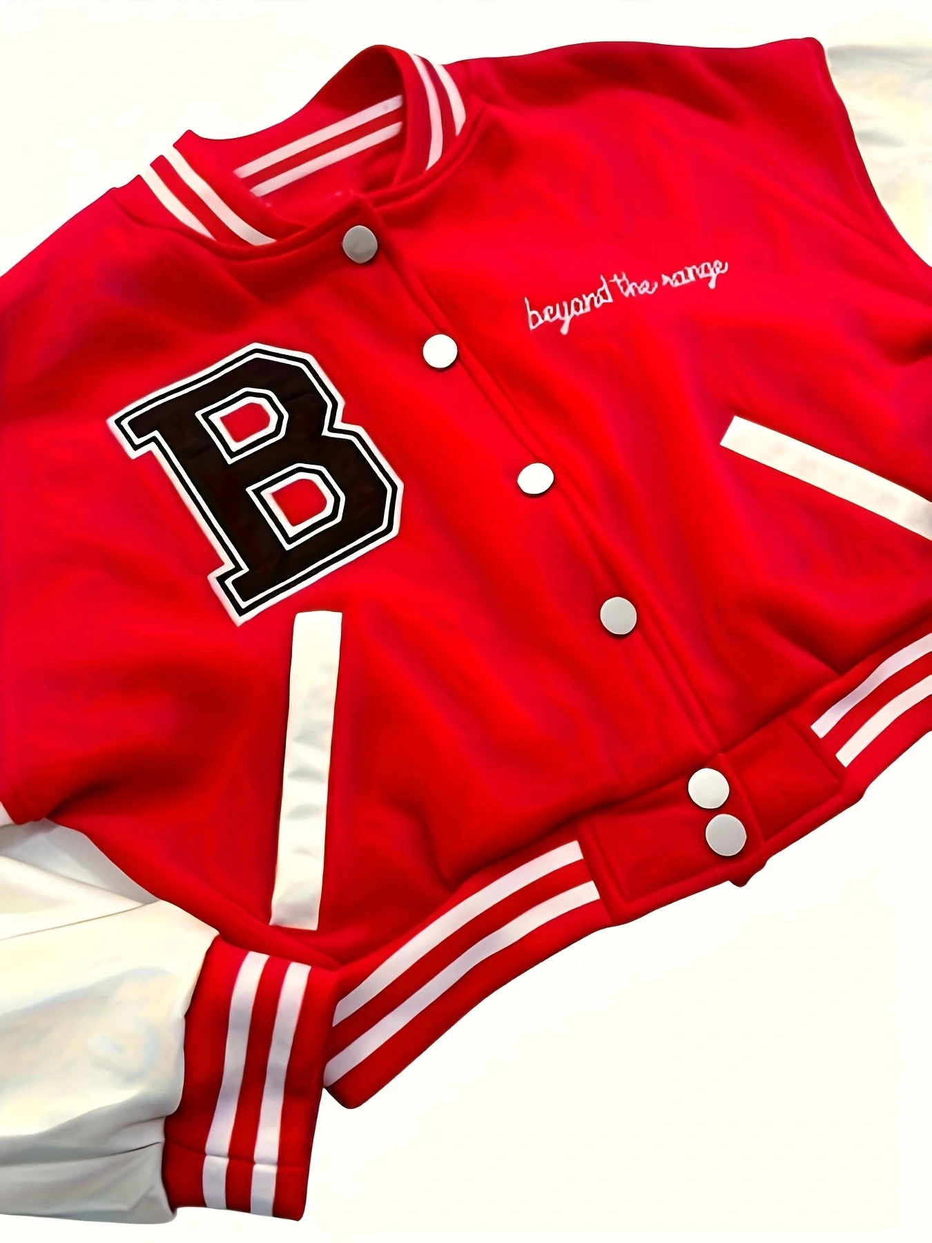 Plus Size Women's Colorblock Letter B Print Cropped Baseball Jacket Set High Waist Black PU Pleated Leather Mini Skirt Hot Girl Two-Piece Set view 5