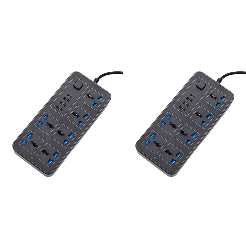 【VALUE MONEY】2X Universal Power Strip 1.8M Extension Cord With USB-C & USB Ports Multi-Outlet Electrical Socket EU Plug Black