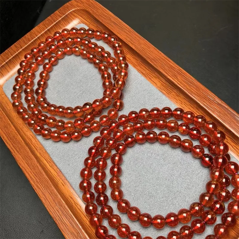 6MM Natural Orange Garnet Triple Circle Bracelet Crystal Smooth Round Beads For Jewelry Making Holiday Gift