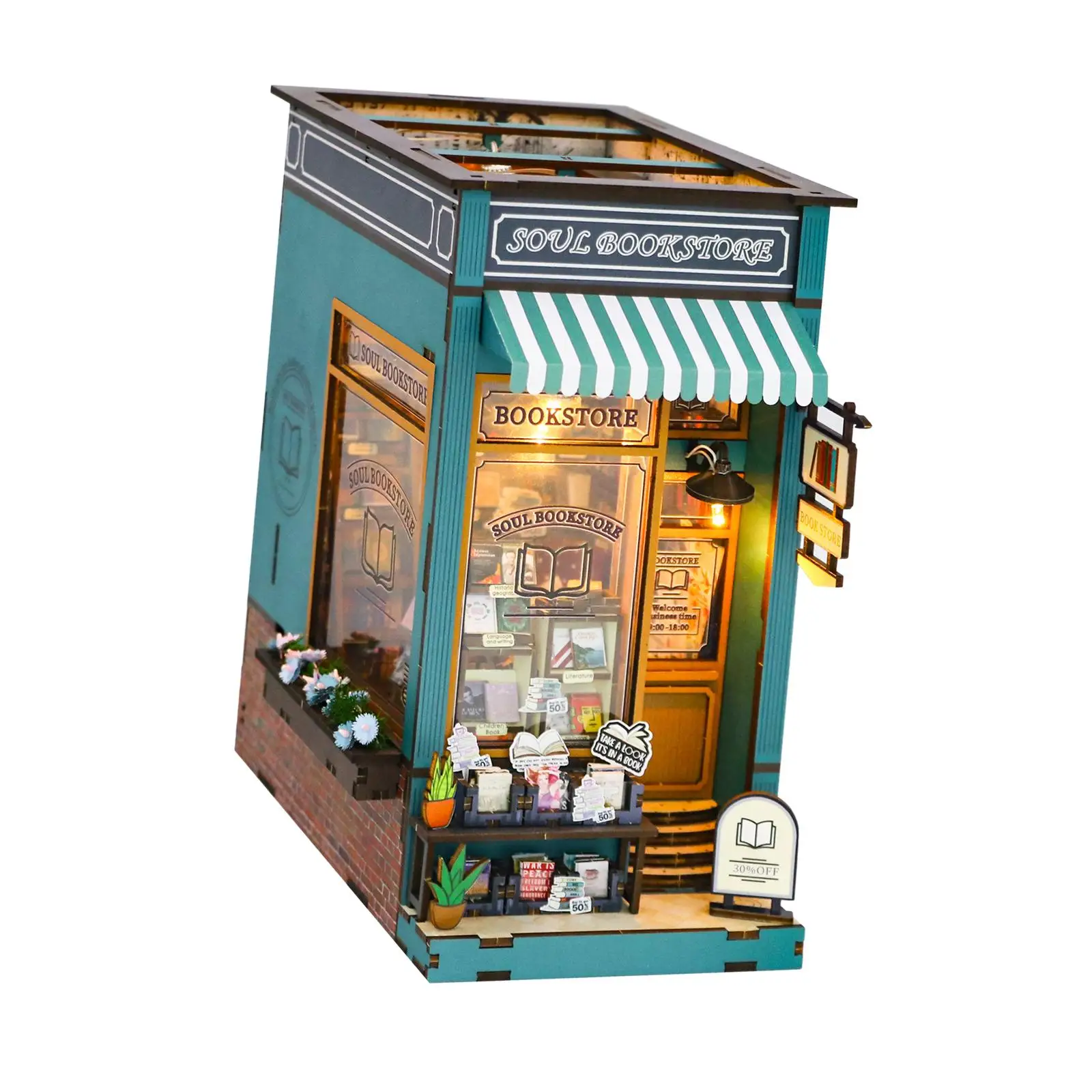 

DIY Wooden Miniature Dollhouse Kits, Bookstore Model, Holiday Gifts, with Lights